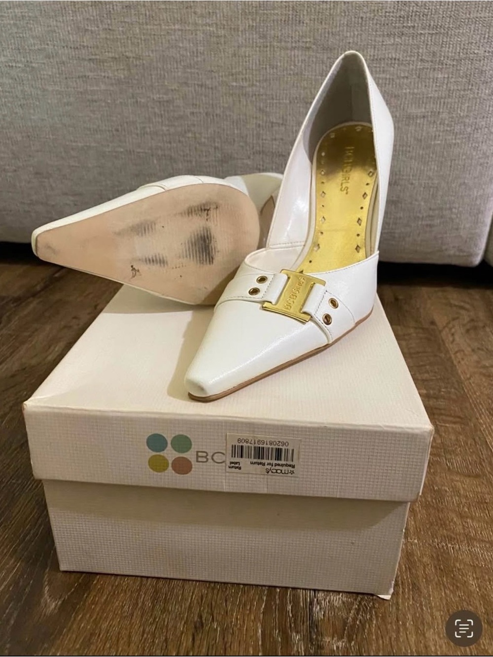 BCBG White Pointed Toe Mid Heel Pumps with Gold Buckle